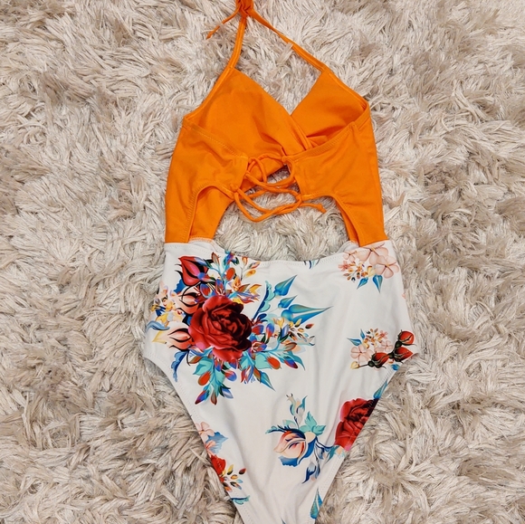 Cupshe Orange Floral Cutout Halter One Piece - Picture 4 of 8